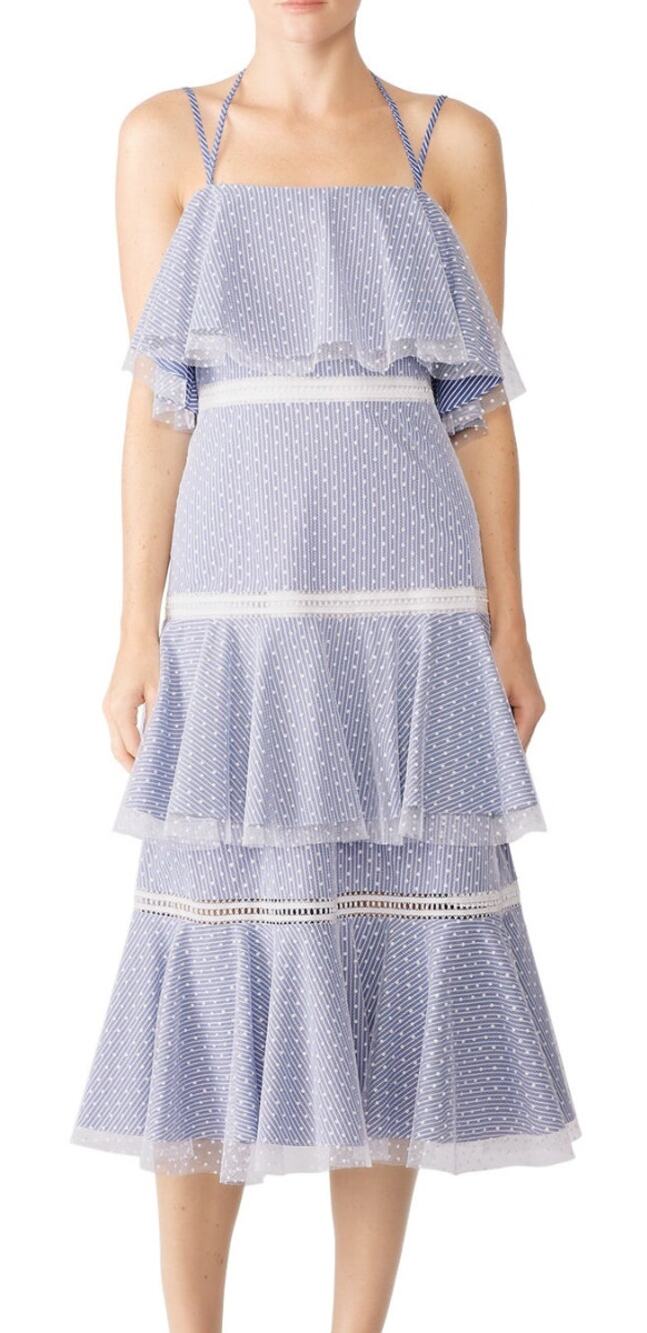 Prabal Gurung Halter Tulle Tiered Midi Maxi Dress Striped Blue Lace Overlay Sz 4